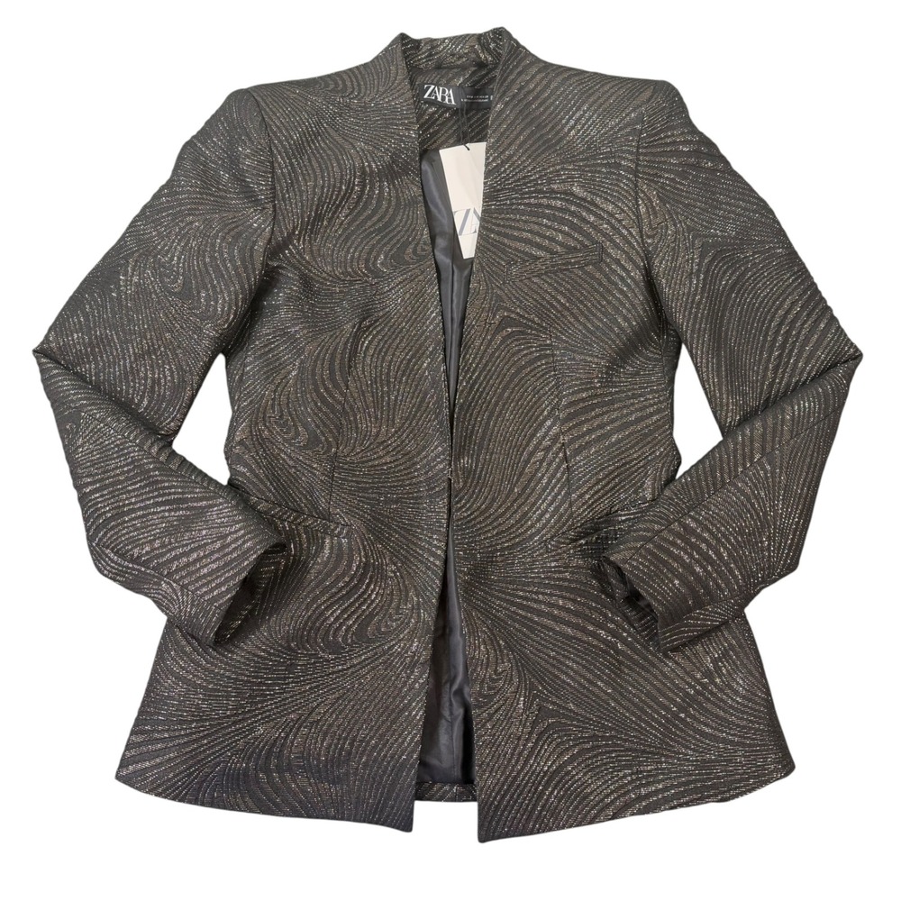 Zara Womens Festive Days Black Gold Swirl Metallic Blazer Size M